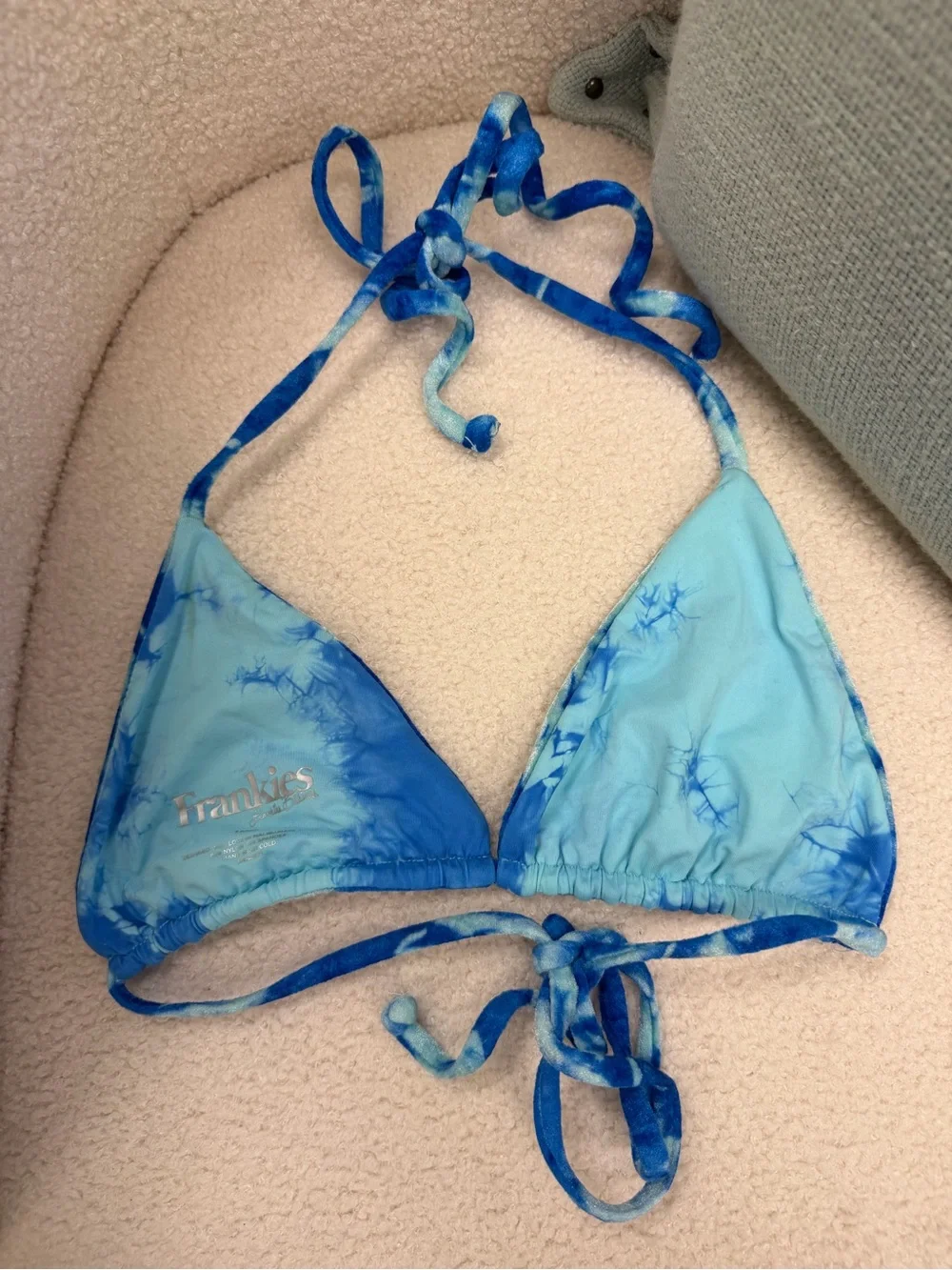 FRANKIES BIKINIS Nicola Top in‎ Aqua Sz L EUC Velour Beach Pool Swim Tie Dye